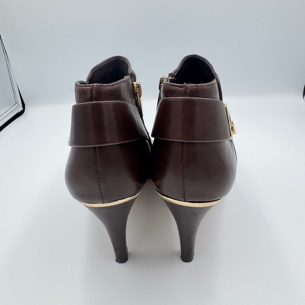 Vince Camuto Vernaya Ankle Booties 10M Espresso Brown Leather Gold Buckle Heels - Picture 12 of 16